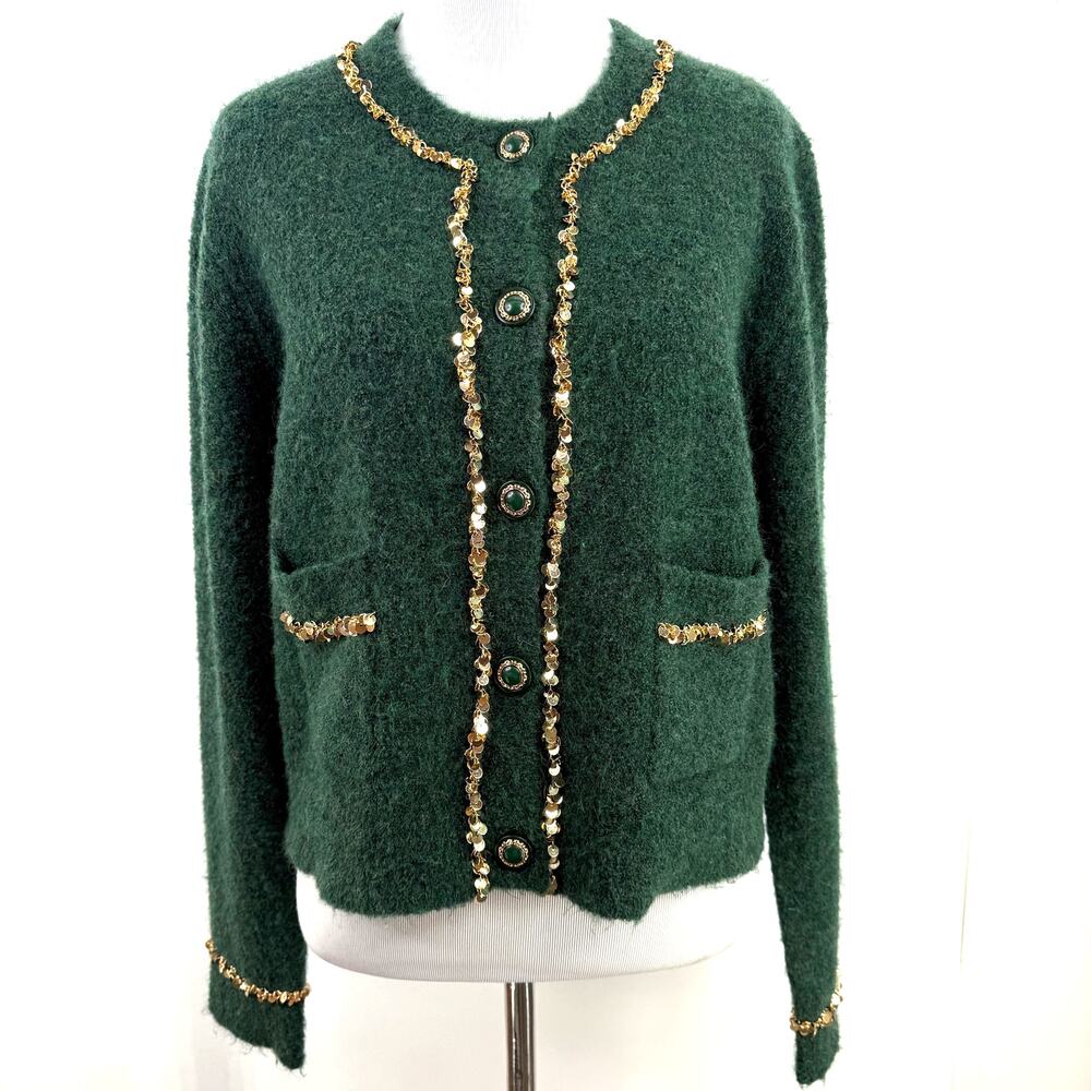 Hyacinth House Green Gold Trimmed Eileen Button Cardigan Sweater Size Small